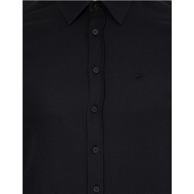 Siyah Slim Fit Armürlü Uzun Kollu Gömlek