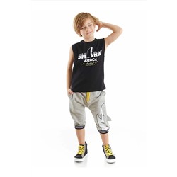 Denokids Shark Attack Erkek Çocuk Kolsuz Siyah T-shirt Gri Kapri Şort Takım CFF-23Y1-061