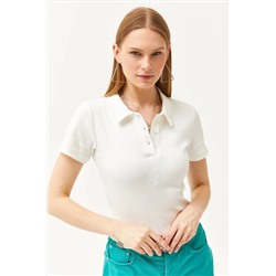 Olalook Kadın Ekru Polo Yaka Düğmeli Likralı Bluz BLZ-19002558