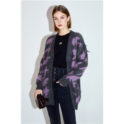 Chaqueta larga de lana y mohair Gris y violeta jaspeado