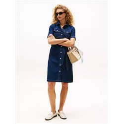 Short-Sleeve Belted Denim Dress