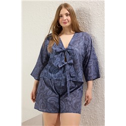 Mavi Şal Desen Bağlama Detaylı Beachwear Büyük Beden Alt-Üst Takım TBBSS25CP00001