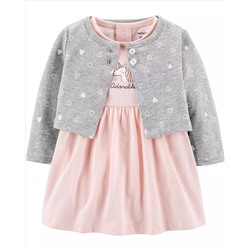 2-Piece Unicorn Bodysuit Dress & Cardigan Set