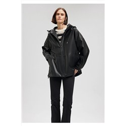 MaviKapüşonlu Siyah Suni Deri Ceket Oversize / Geniş Kesim 1110152-900
