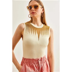 Olalook, Kadın Ekru Gold Roba Transparan Fitilli Triko Bluz BLZ-19002645