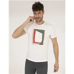 Ekru Slim Fit Baskılı Bisiklet Yaka Tişört
