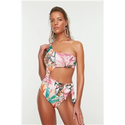TRENDYOLMİLLA Tropikal Desenli Tek Omuz Cut Out/Pencereli Regular Mayo TBESS22MA0197