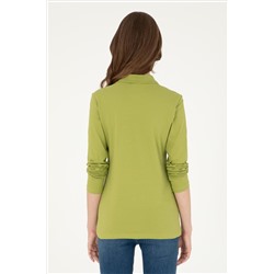Kadın Fıstık Yeşili Basic Polo Yaka Sweatshirt