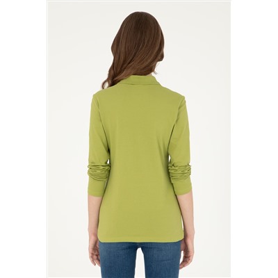 Kadın Fıstık Yeşili Basic Polo Yaka Sweatshirt