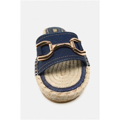 DENIM AND JUTE FLAT SLIDER SANDALS