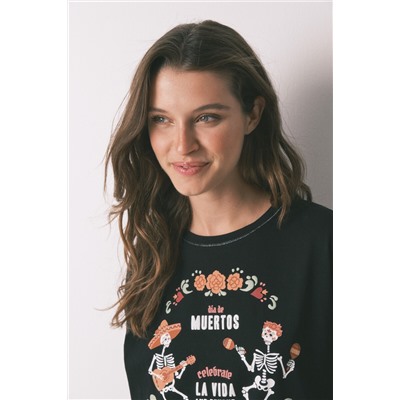 Pijama largo 100% algodón "Día de muertos" negro
