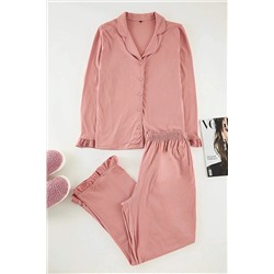Pembe Gömlek Yaka Volan Detaylı Örme Pijama Takımı TBBAW25AI00056