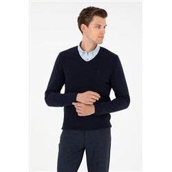 Erkek Slim Fit V Yaka Lacivert Basic Kazak