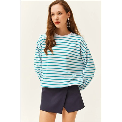 Olalook, Kadın Turkuaz Basic Yumuşak Dokulu Salaş Sweatshirt SWT-19000457
