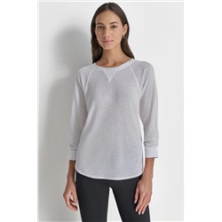 RUCHED 3/4-SLEEVE SLUB WAFFLE-KNIT TEE