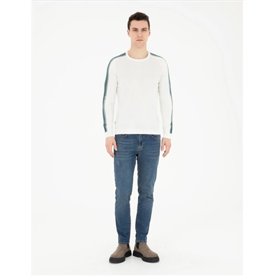 Ekru Slim Fit Bisiklet Yaka Triko Kazak