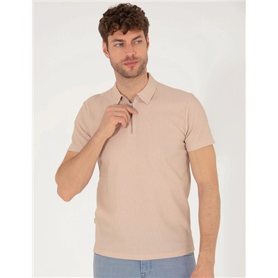Bej Slim Fit Fermuarlı Polo Yaka Tişört