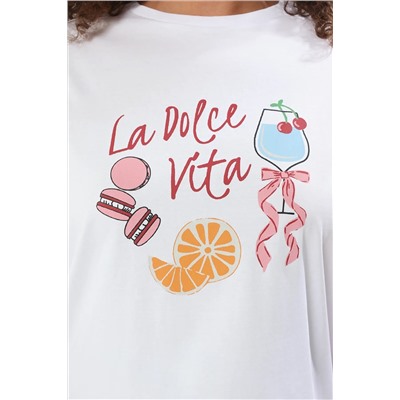 Beyaz Kokteyl Baskılı Boyfriend Fit Büyük Beden T-shirt TBBSS25BF00068