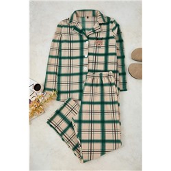 Yeşil Nakışlı Ekoseli Polar Kışlık Örme Pijama Takımı TBBAW26AI00005
