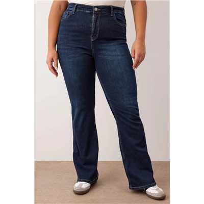Koyu Mavi Yüksek Bel İspanyol Paça Flare Fit Denim Büyük Beden Jeans TBBAW26CJ00034