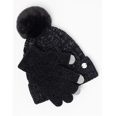 LADIES POM POM FLEECE BEANIE AND GLOVE SET