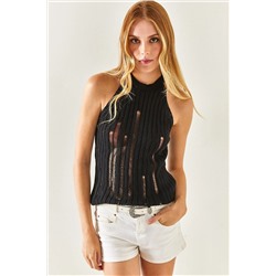 Olalook Kadın Siyah Halter Yaka Lazer Detaylı Triko Bluz BLZ-19002355