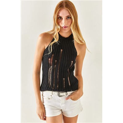 Olalook Kadın Siyah Halter Yaka Lazer Detaylı Triko Bluz BLZ-19002355