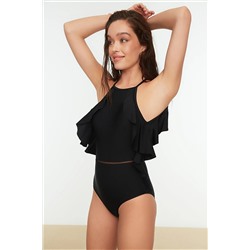 TRENDYOLMİLLA Siyah Halter Yaka Fırfırlı Mayo TBESS20MA0297