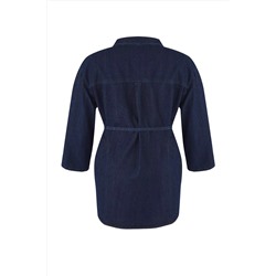 Koyu Mavi Oversize/Bol Kesim Denim Büyük Beden Gömlek TBBAW26AX00003
