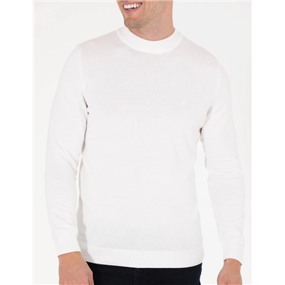 Ekru Slim Fit Çeyrek Yaka Basic Triko Kazak