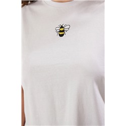 Beyaz %100 Pamuk Nakışlı Crop Bisiklet Yaka Örme T-Shirt  TBBSS25BF00015