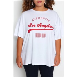 Beyaz Geniş Kalıp Bisiklet Yaka Baskılı %100 Pamuk Örme T-shirt TBBSS23AH00131