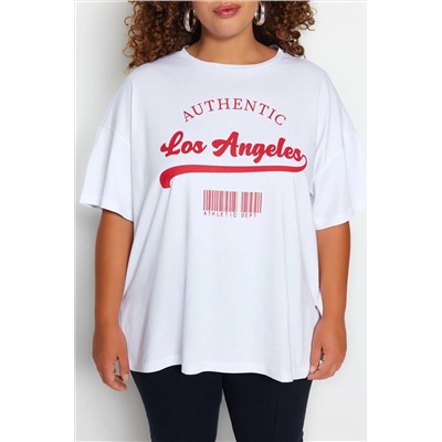 Beyaz Geniş Kalıp Bisiklet Yaka Baskılı %100 Pamuk Örme T-shirt TBBSS23AH00131