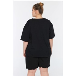 Siyah Boyfriend Fit Balık Baskılı %100 Pamuk Örme Büyük Beden T-Shirt TBBSS22TS2121