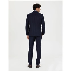 %100 Yün Lacivert Çizgili Ekstra Slim Fit Takım Elbise