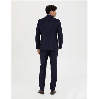 %100 Yün Lacivert Çizgili Ekstra Slim Fit Takım Elbise