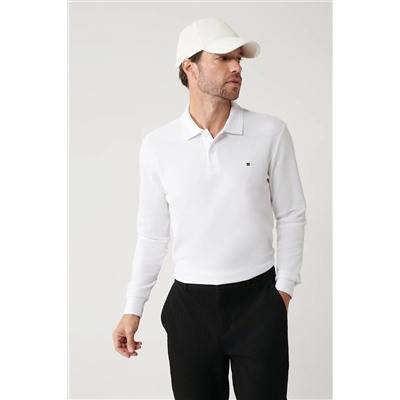 Avva Erkek Beyaz Polo Yaka Düz Uzun Kol T-shirt B001080
