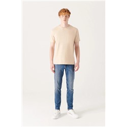 Bej %100 Pamuk Nefes Alan Bisiklet Yaka T-Shirt