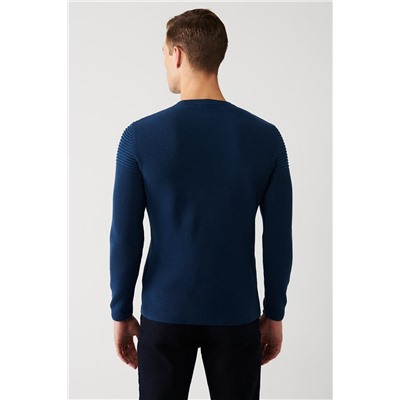İndigo Bisiklet Yaka Dokulu Viskon Regular Fit Standart Kesim Triko Kazak