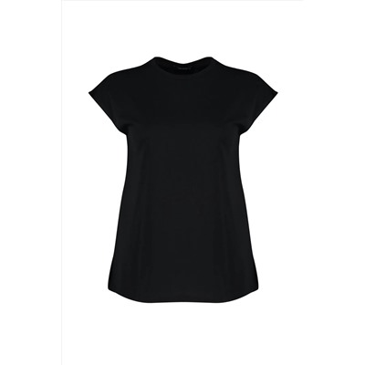 Siyah Bisiklet Yaka Kol Detaylı %100 Pamuk Örme T-Shirt TBBSS22BF0023