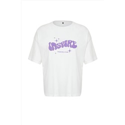 Ekru Unisex Oversize Rahat %100 Pamuklu Couple Örme T-Shirt TBBSS24BF00033