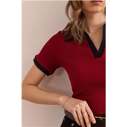 Olalook Kadın Bordo Siyah Polo Yaka Renk Detaylı Esnek Pamuk Bluz BLZ-19002920