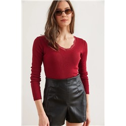 Olalook Kadın Bordo Yaka Dantelli V Yaka Kaşkorse Örme Bluz BLZ-19001713