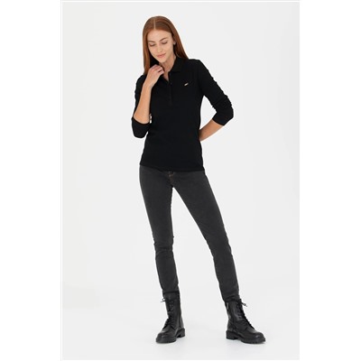 Kadın Siyah Basic Polo Yaka Sweatshirt