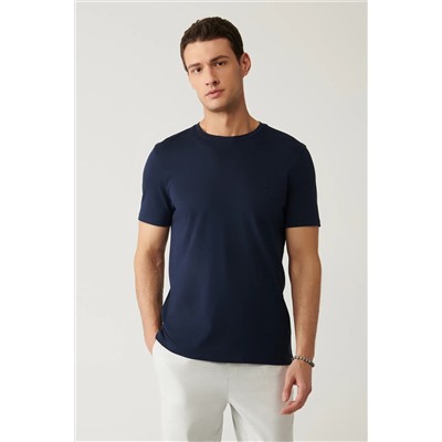 Avva, Erkek Lacivert Soft Touch Bisiklet Yaka Düz Modal T-shirt B001171