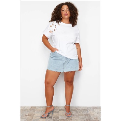 Beyaz Brode Detaylı Basic %100 Pamuk Örme T-shirt TBBSS24BF00055
