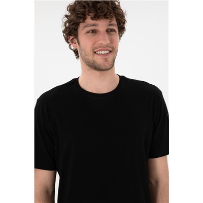 Erkek Regular Fit Bisiklet Yaka Siyah Basic Tişört
