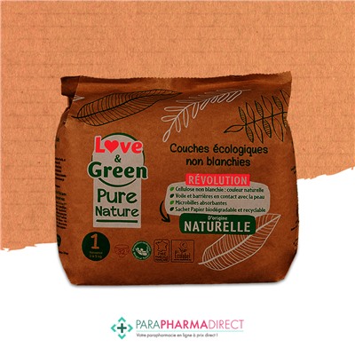 Love&Green Pure Nature - Couches Écologiques Non Blanchies - Taille 1 - 2 à 5kg - 32 couches