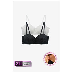 Pierre Cardin2'li Ekonomik Paket Siyah Ekru 6800 Ales Bütün Kap Dolgusuz Dantelli Straplez Sütyen Set