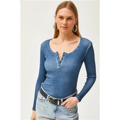 Olalook Kadın Yıkamalı İndigo Patlı Kaşkorse Bluz BLZ-19000588